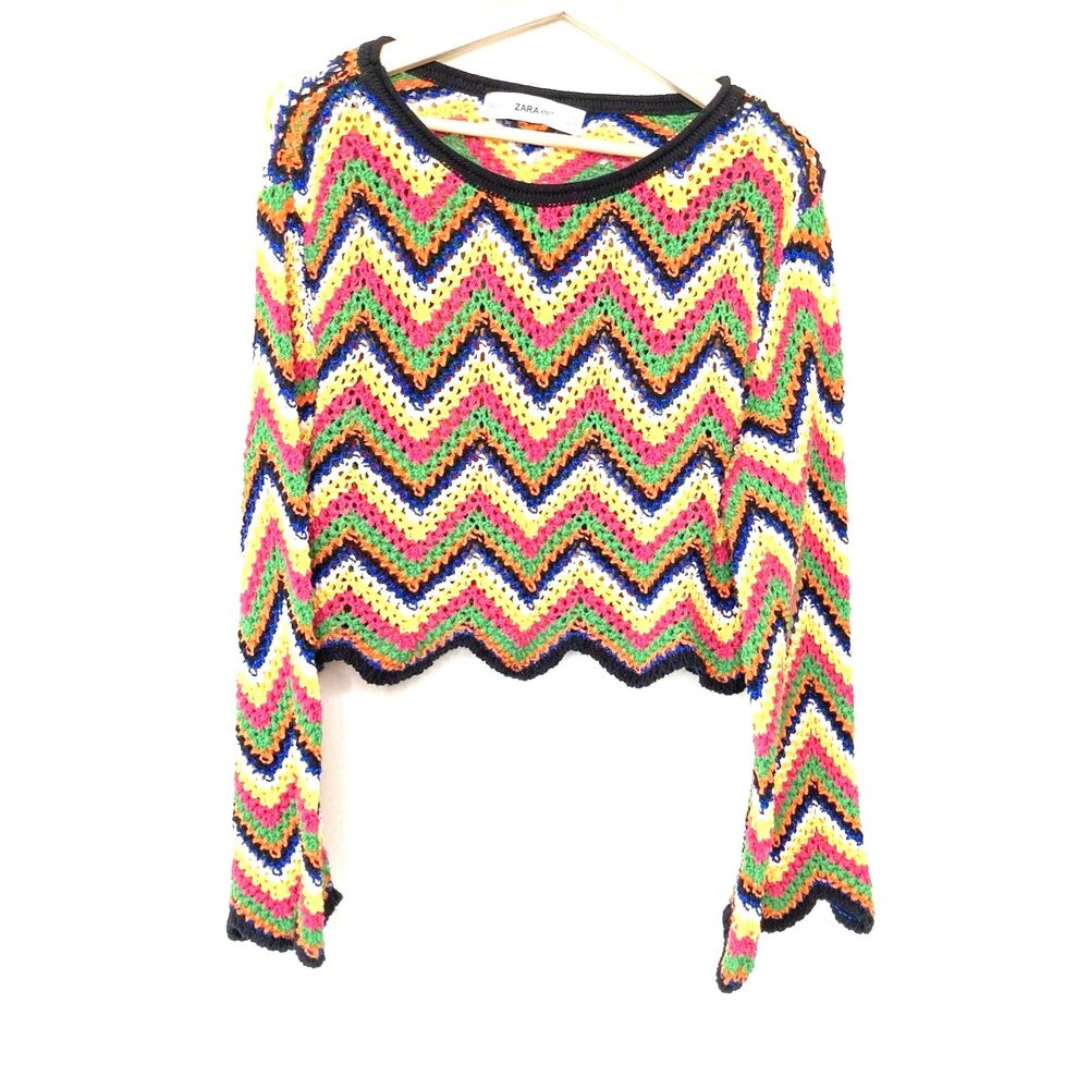 Zara Knit Small Crochet Cropped Multi Color Zig Zag Sweater Bell Sleeve Chevron